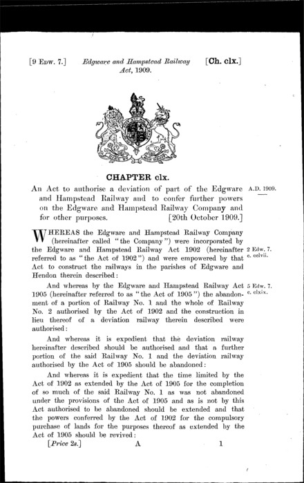 Edgware and Hampstead Railway Act 1909