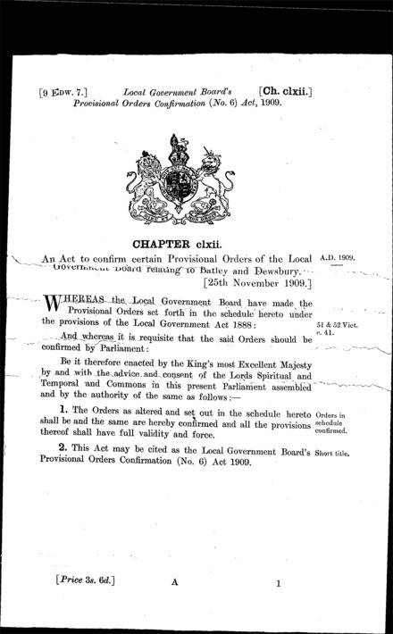 Local Government Board's Provisional Orders Confirmation (No. 6) Act 1909