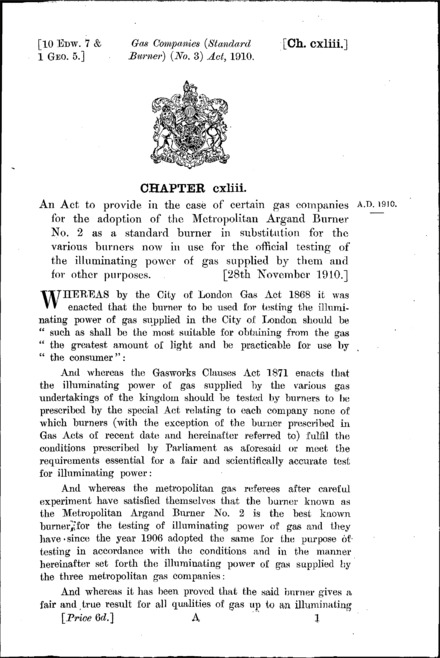 Gas Companies (Standard Burner) (No. 3) Act 1910