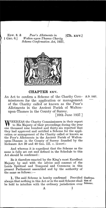 Poor's Allotments in Walton-upon-Thames Charity Scheme Confirmation Act 1937