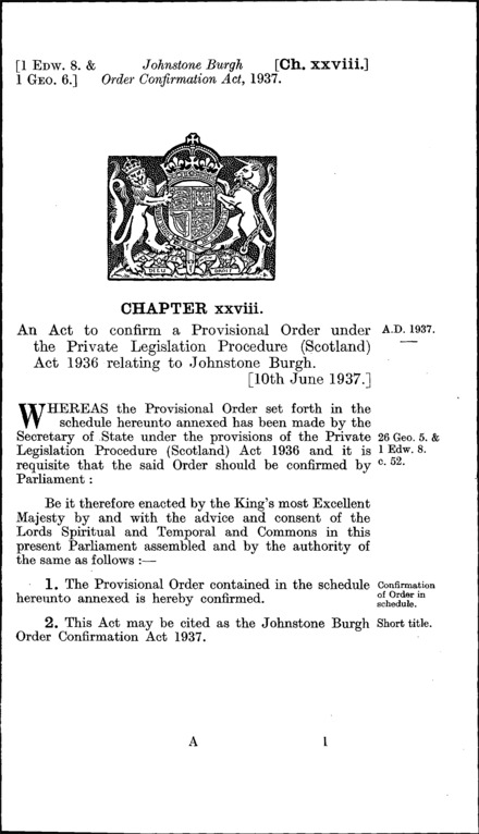 Johnstone Burgh Order Confirmation Act 1937