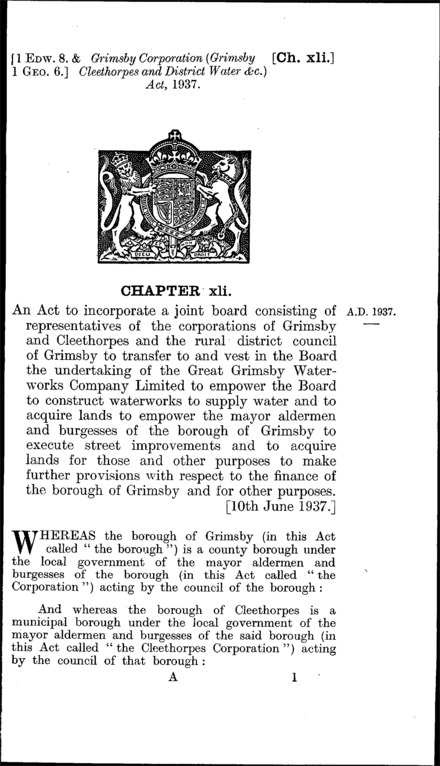 Grimsby Corporation (Grimsby, Cleethorpes and District Water, &c.) Act 1937