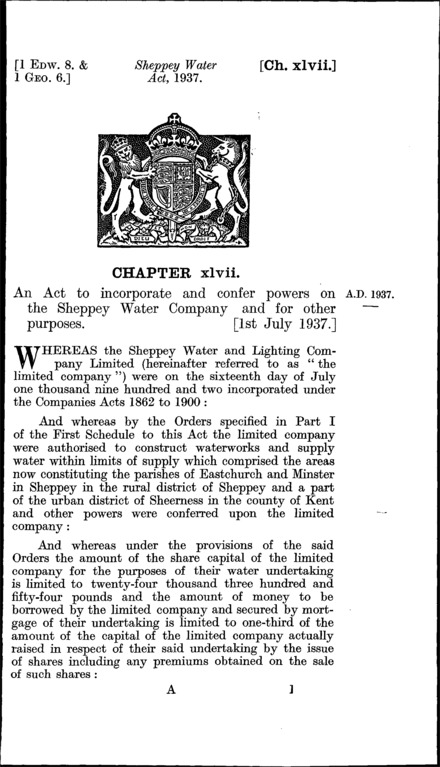 Sheppey Water Act 1937