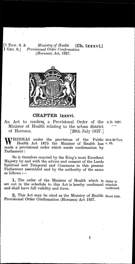 Ministry of Health Provisional Order Confirmation (Hornsea) Act 1937