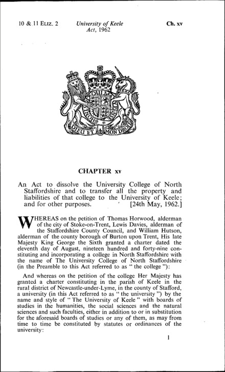University of Keele Act 1962