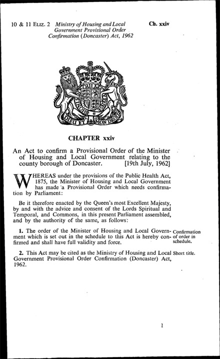 Ministry of Housing and Local Government Provisional Order Confirmation (Doncaster) Act 1962
