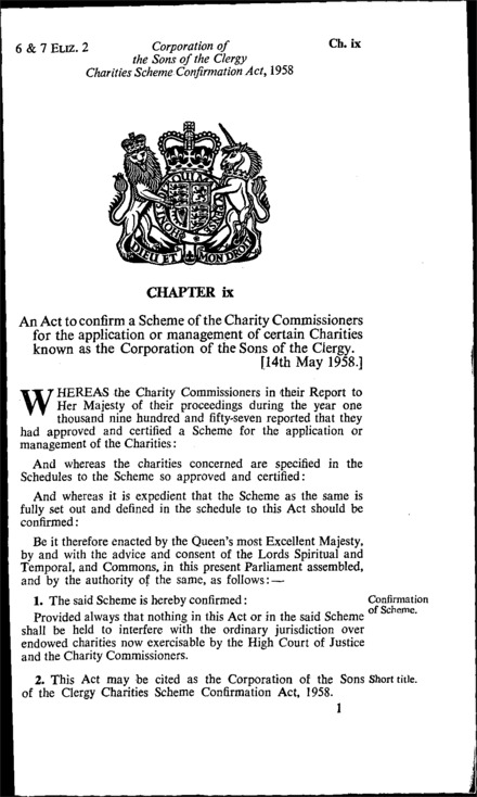Corporation of the Sons of the Clergy Charities Scheme Confirmation Act 1958