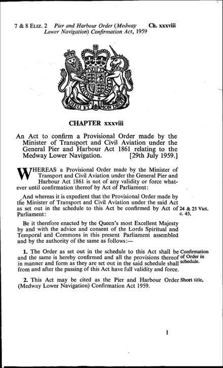 Pier and Harbour Order (Medway Lower Navigation) Confirmation Act 1959