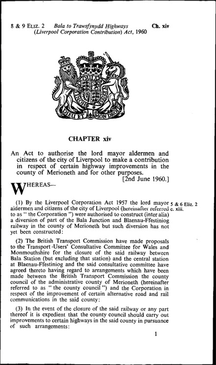 Bala to Trawsfynydd Highways (Liverpool Corporation Contribution) Act 1960