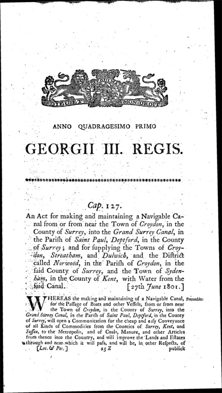 Croydon Canal and Croydon, Streatham, Dulwich and Sydenham Water Supply Act 1801