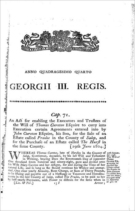 Cureton's Estate Act 1804
