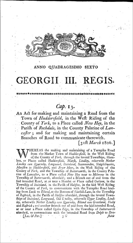 Road from Huddersfield to Rochdale Act 1806