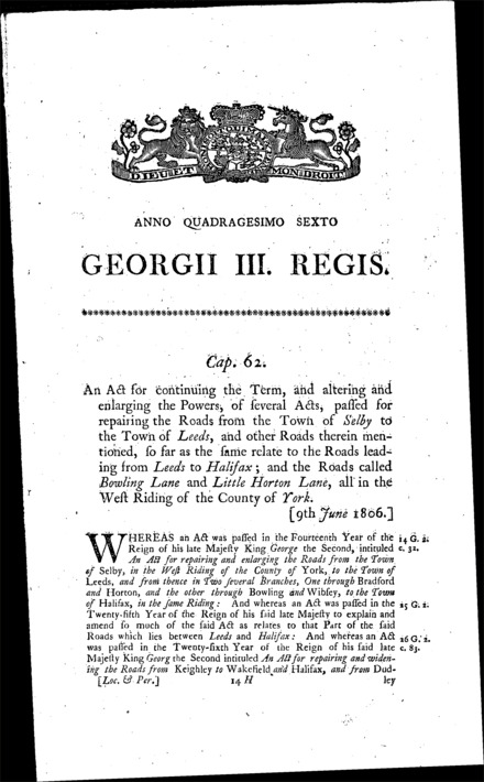 Roads from Selby to Leeds Act 1806