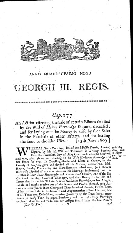 Partridge's Estate Act 1809