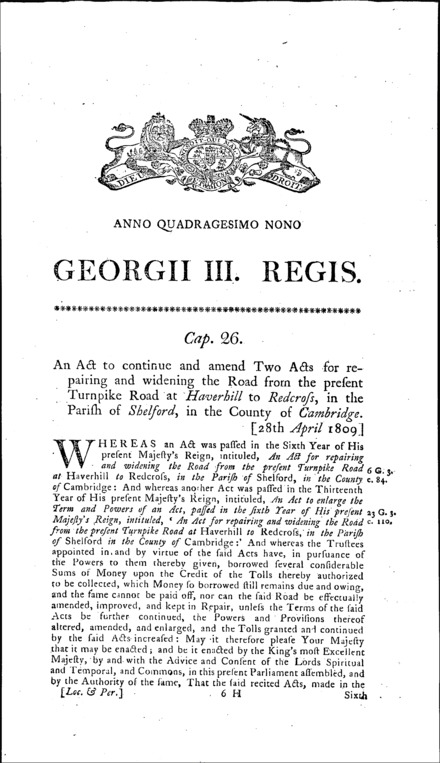 Redcross Turnpike Road (Cambridgeshire) Act 1809