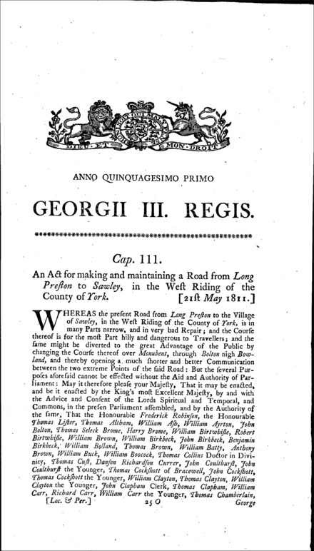 Long Preston and Sawley Road Act 1811