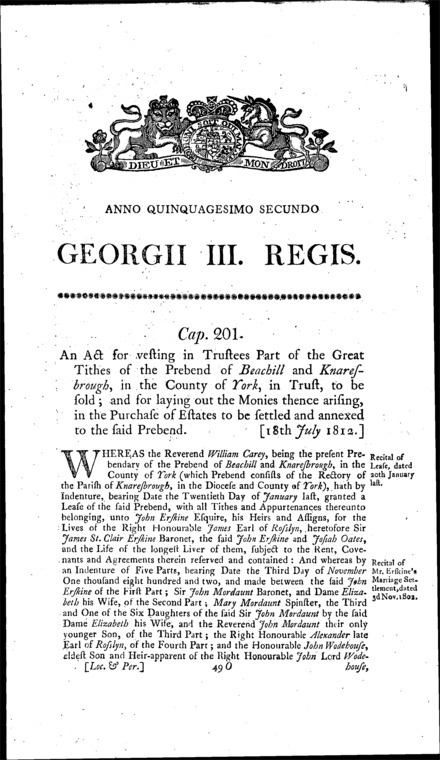 Prebend of Beachill and Knaresborough's Estate Act 1812