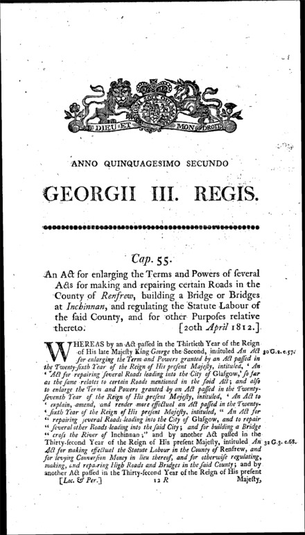 Roads, Bridges and Statute Labour in Renfrewshire Act 1812