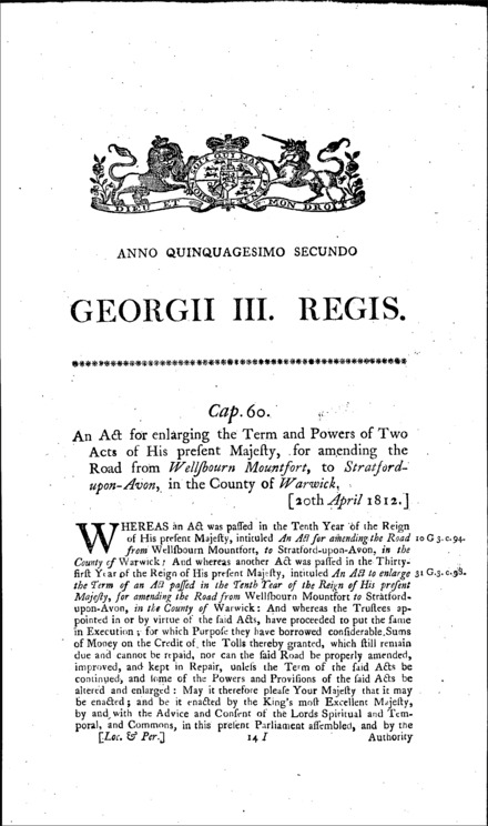 Wellesbourn Mountfort and Stratford-upon-Avon Road Act 1812
