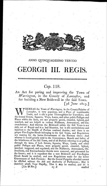 Warrington Improvement and Bridewell Act 1813