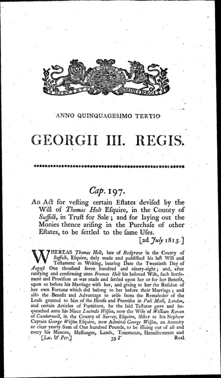 Holt's Estate Act 1813