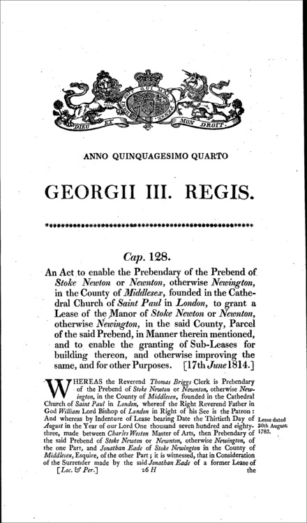 Stoke Newington Prebendary Leases Act 1814