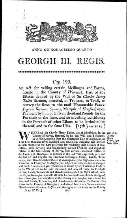 Estates of Talbot and Marquis of Hertford Act 1814