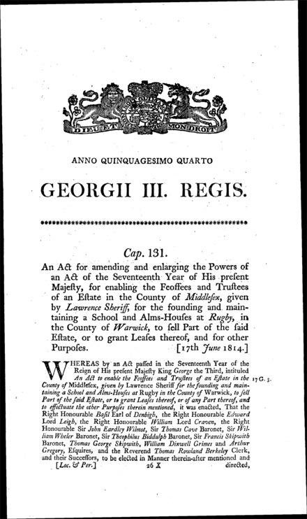 Rugby School's Estate Act 1814
