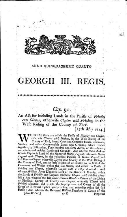Clayton with Frickley Inclosure Act 1814