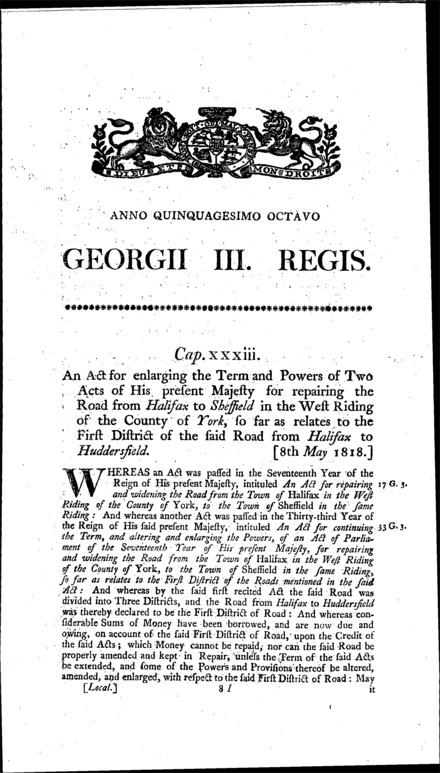 Halifax and Huddersfield Road Act 1818