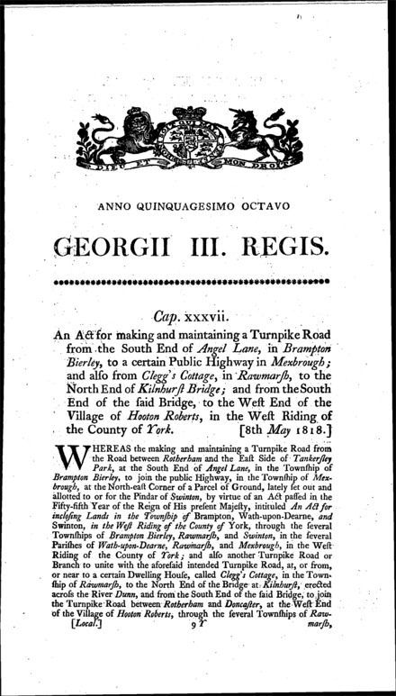 Brampton Brierley, Mexborough and Hooton Roberts Turnpike Road Act 1818