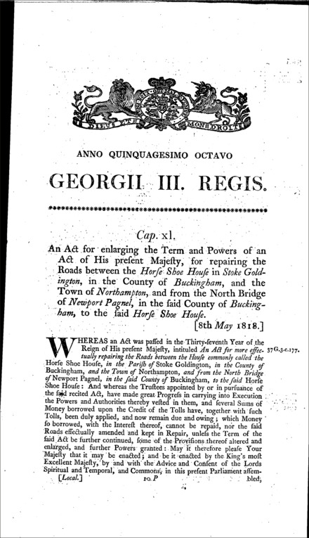 Roads from Stoke Goldington to Northampton Act 1818