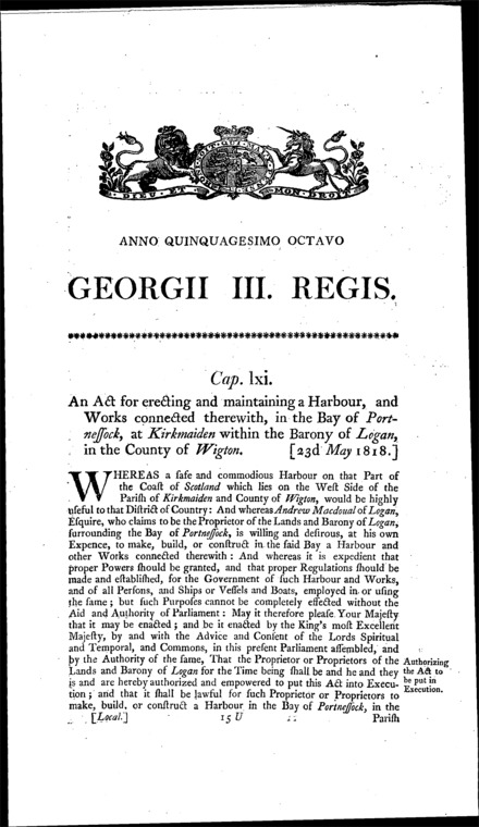 Port Logan Harbour Act 1818