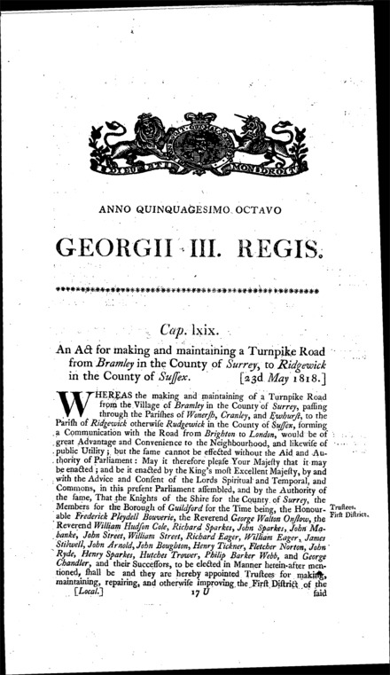 Bramley to Ridgewick Turnpike Road Act 1818
