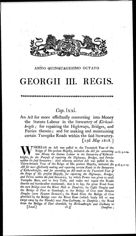 Kirkcudbright Roads, Statute Labour, Bridges and Ferries Act 1818