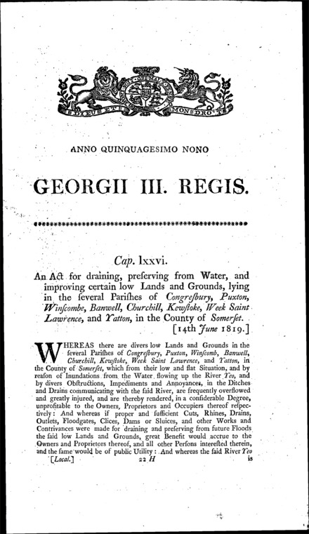 Congresbury, Paxton, Winscombe, Banwell, Churchill, Kewstoke, Week St. Lawrence and Yatton Drainage Act 1819