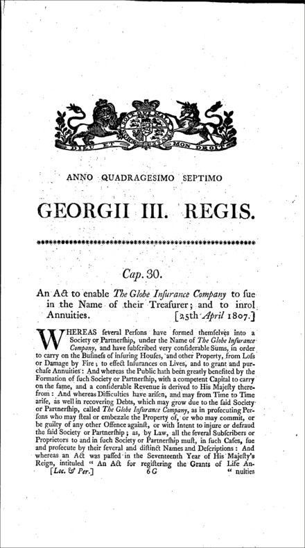 Globe Insurance Company Act 1807