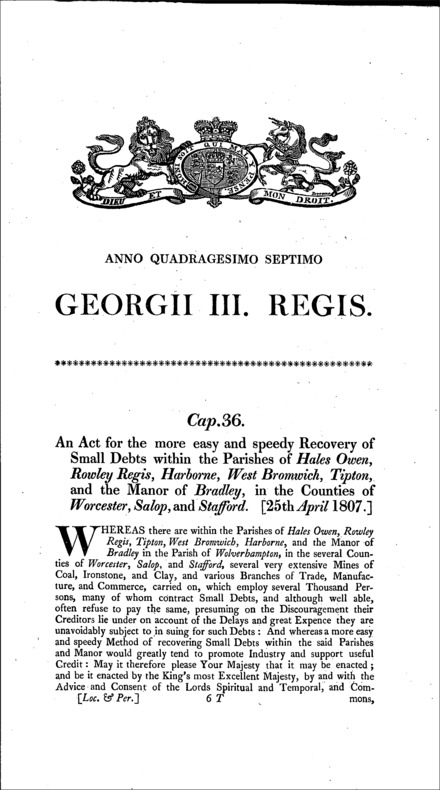 Halesowen, &c. Court of Requests Act 1807