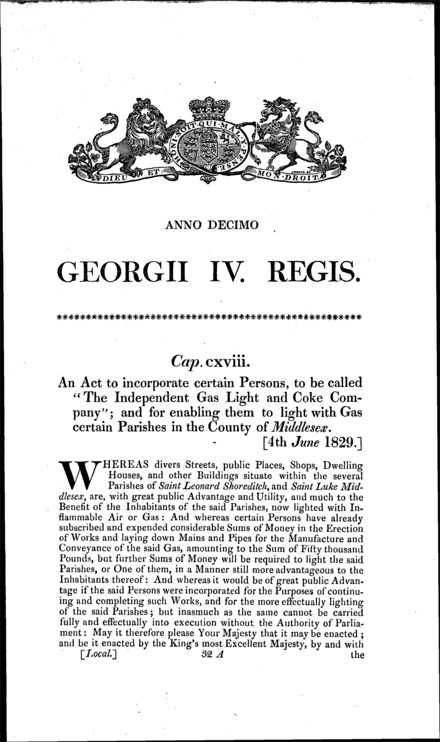 Independent Gaslight and Coke Company Act 1829