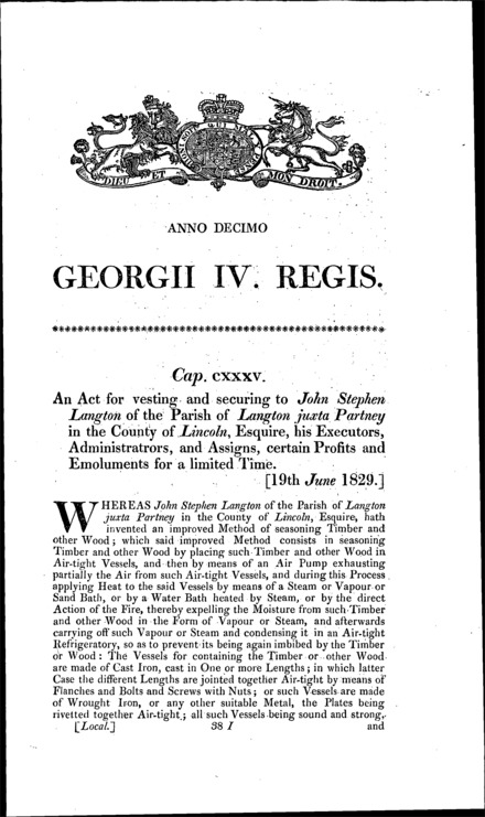 Langton's Profits (Wood Seasoning Invention) Act 1829