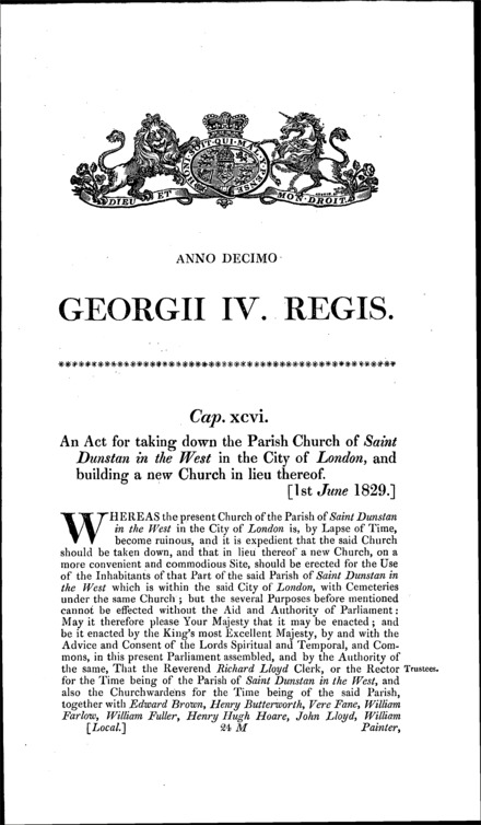St. Dunstan in the West Parish Church Act 1829