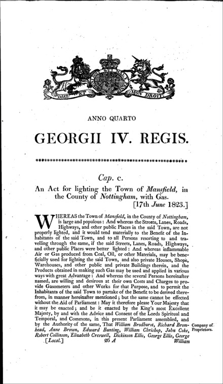 Mansfield Gas Act 1823