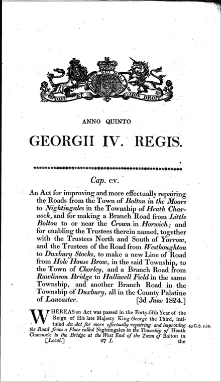 Bolton and Nightingale Road and other roads in Lancashire Act 1824