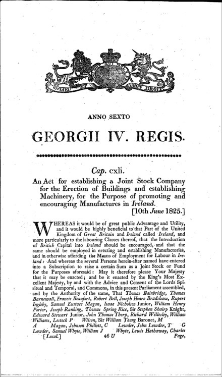 Irish Company for Promoting Manufactures Act 1825