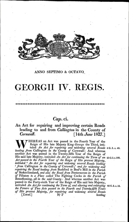 Callington Roads (Cornwall) Act 1827
