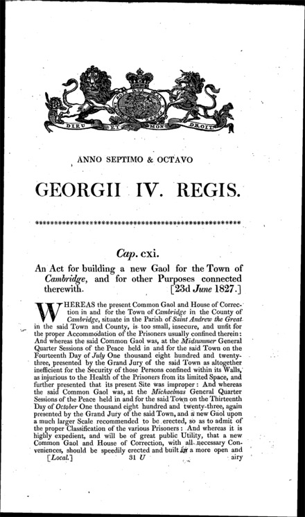 Cambridge Gaol Act 1827