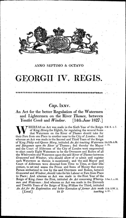Thames Watermen and Lightermen Act 1827