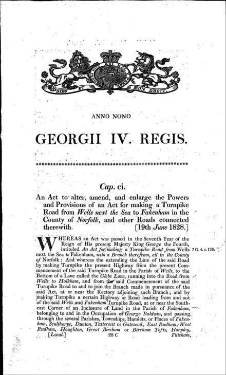 Wells next the Sea and Fakenham Turnpike Road Act 1828