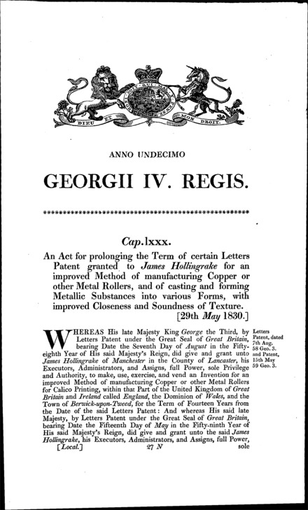 Hollingrake Letters Patent Act 1830