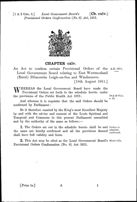 Local Government Board's Provisional Orders Confirmation (No. 6) Act 1911